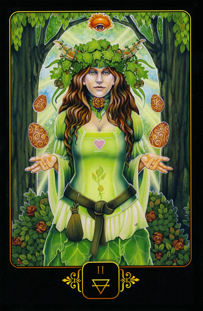Tarot card featuring a figure in green attire with nature elements