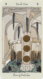 Illustration of a tarot card titled 'Three of Pentacles' with architectural elements and symbols.