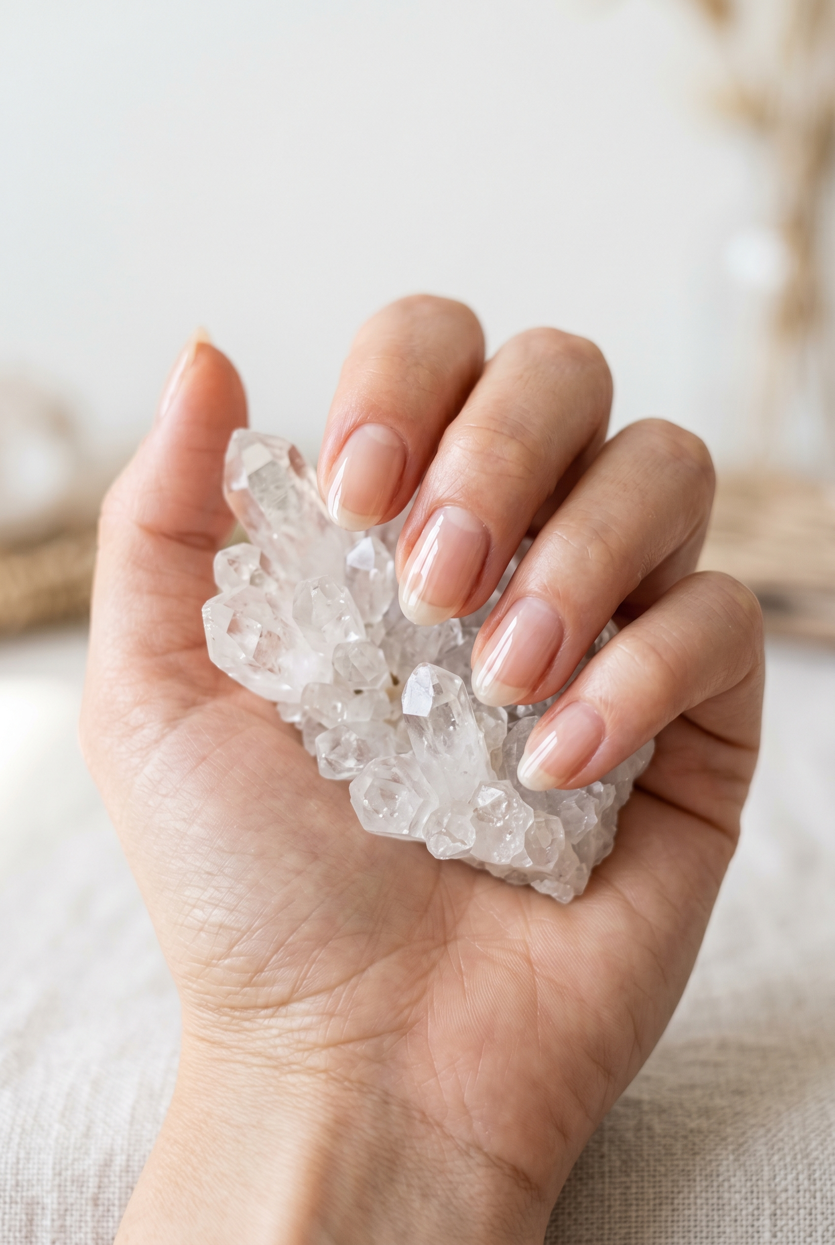 Hand holding a crystal cluster against a neutral background