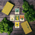 A flat-lay of a tarot card deck with five cards displayed in the center on a dark wooden surface, flanked by two gold-colored boxes and accented with green moss.