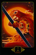 Tarot card featuring a lion holding a sword with a fiery background