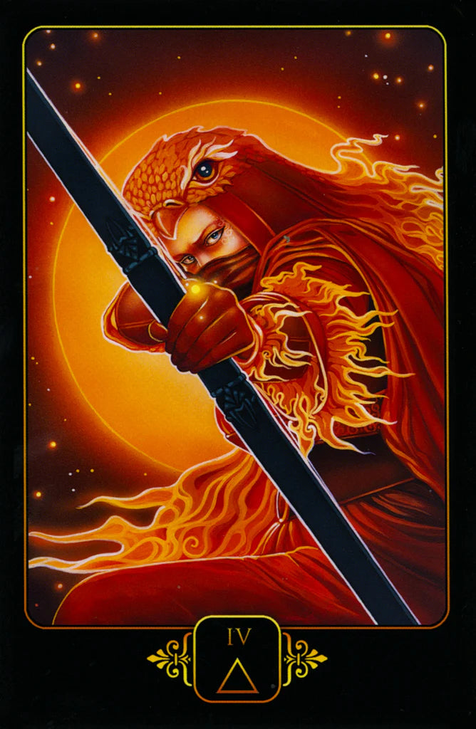 Tarot card featuring a lion holding a sword with a fiery background