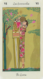 Illustration of 'Los Enamorados' or 'The Lovers' tarot card with two people embracing in a garden.