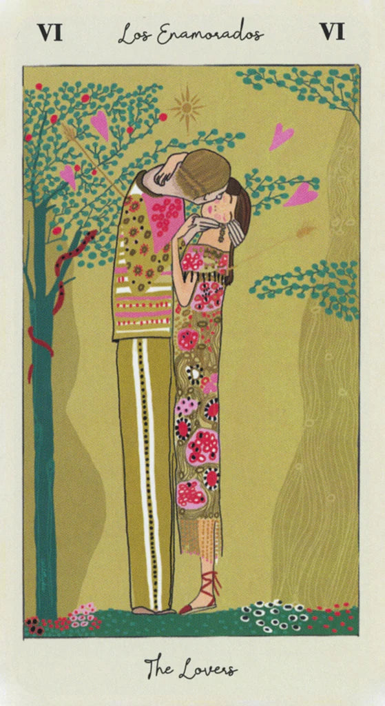 Illustration of 'Los Enamorados' or 'The Lovers' tarot card with two people embracing in a garden.