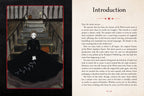 An open book spread showing the 'Introduction' page of a product, with a dark fantasy illustration of a white creature in a cage on the left and printed text on the right page.