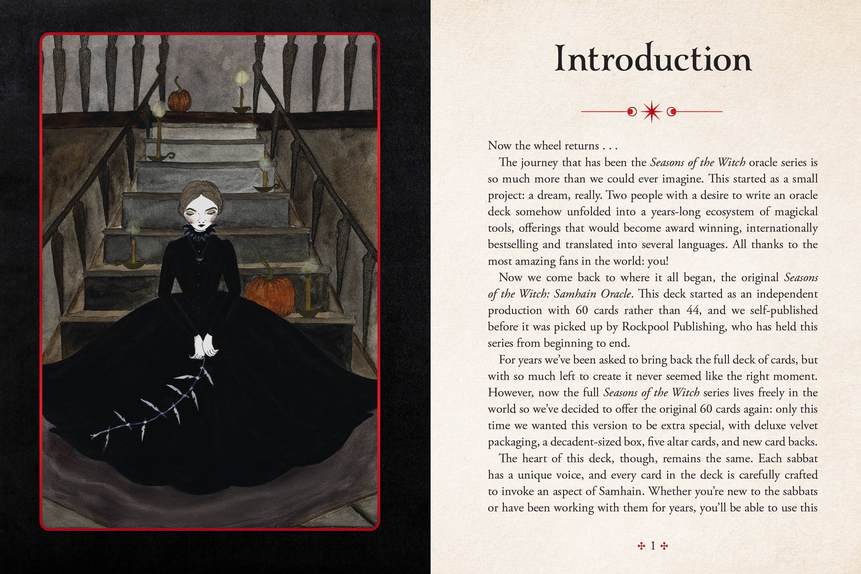 An open book spread showing the 'Introduction' page of a product, with a dark fantasy illustration of a white creature in a cage on the left and printed text on the right page.