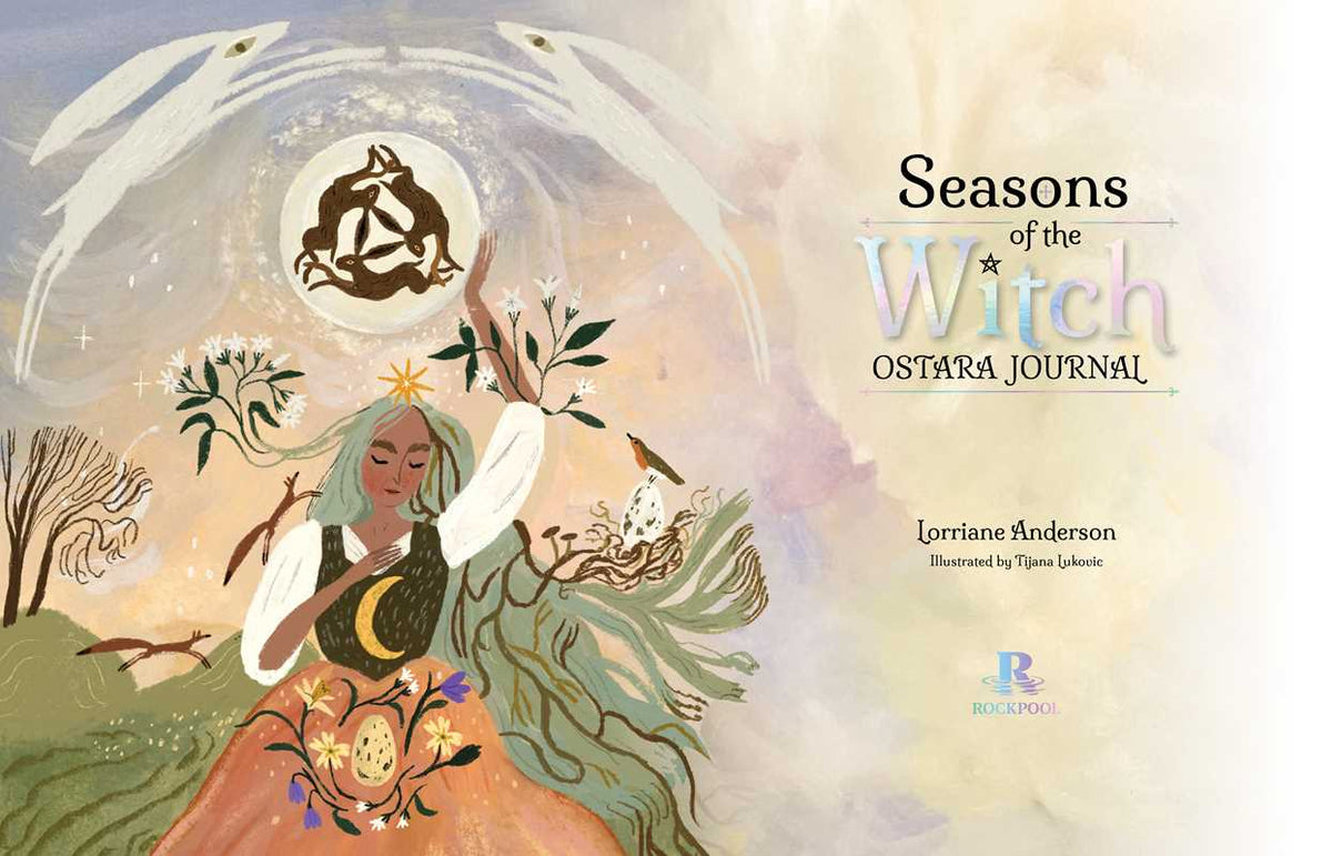 Book cover of 'Seasons of the Witch: Ostara Journal' with a woman holding plants and animals, surrounded by nature elements.