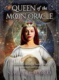 Book cover of 'Queen of the Moon Oracle' with a woman in a white robe and crown against a celestial background.