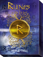 Runes Oracle Cards packaging with gold letter 'R' on a blue background