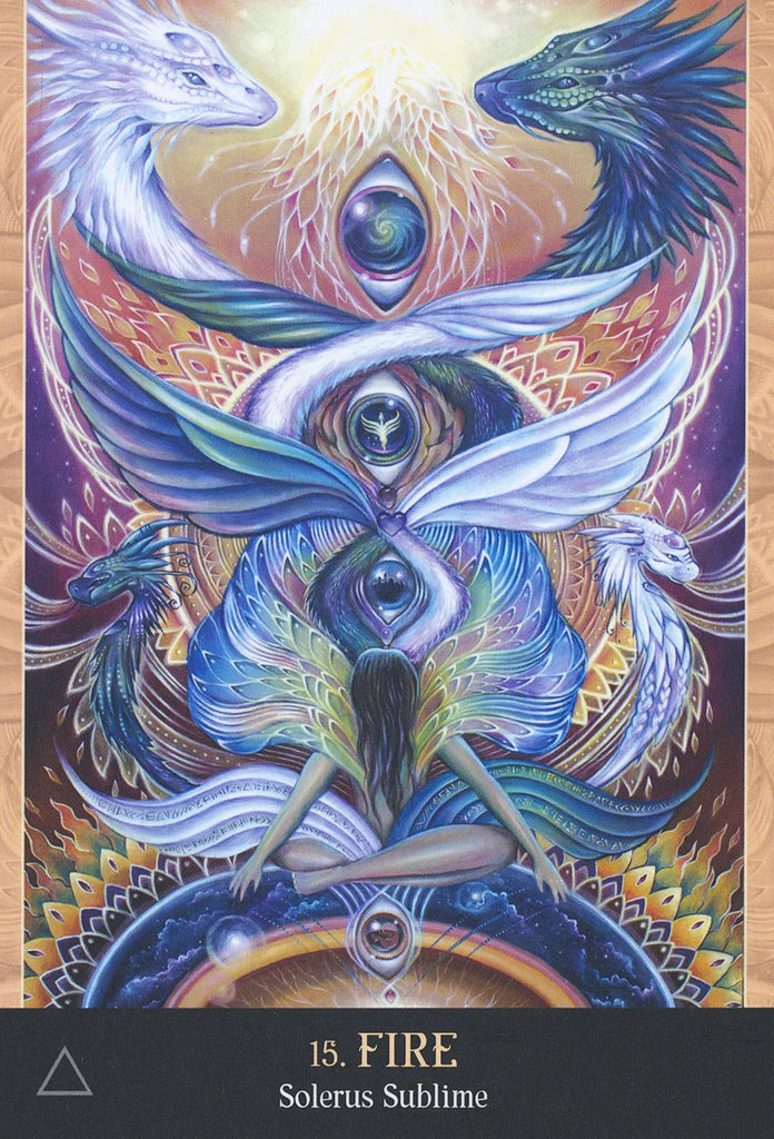 Colorful tarot card with winged creatures and eye design, labeled 'Fire Solerus Sublime'.