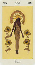 Tarot card featuring a figure with a sun hat and sunflowers on a beige background