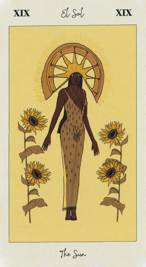 Tarot card featuring a figure with a sun hat and sunflowers on a beige background