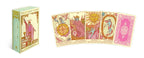 Tarot card set with colorful designs and a box on a white background