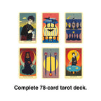 Six tarot cards from a complete 78-card deck on a white background.