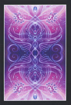 Decorative card with a symmetrical design in purple and pink on a black border