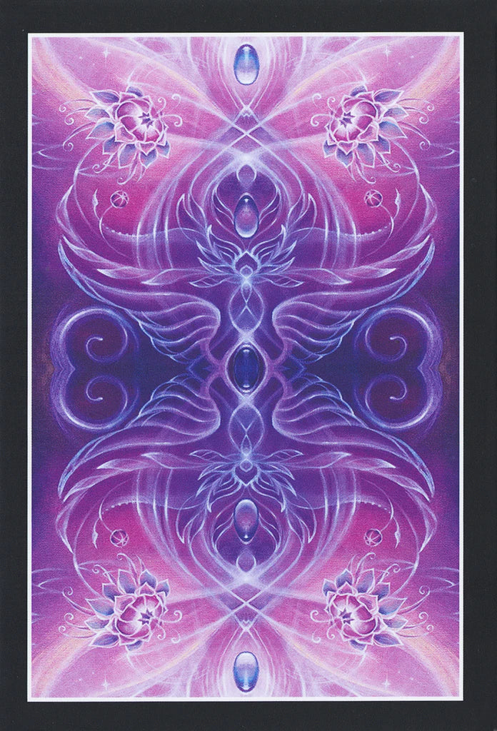 Decorative card with a symmetrical design in purple and pink on a black border