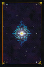 Decorative blue geometric design on a dark background with gold border