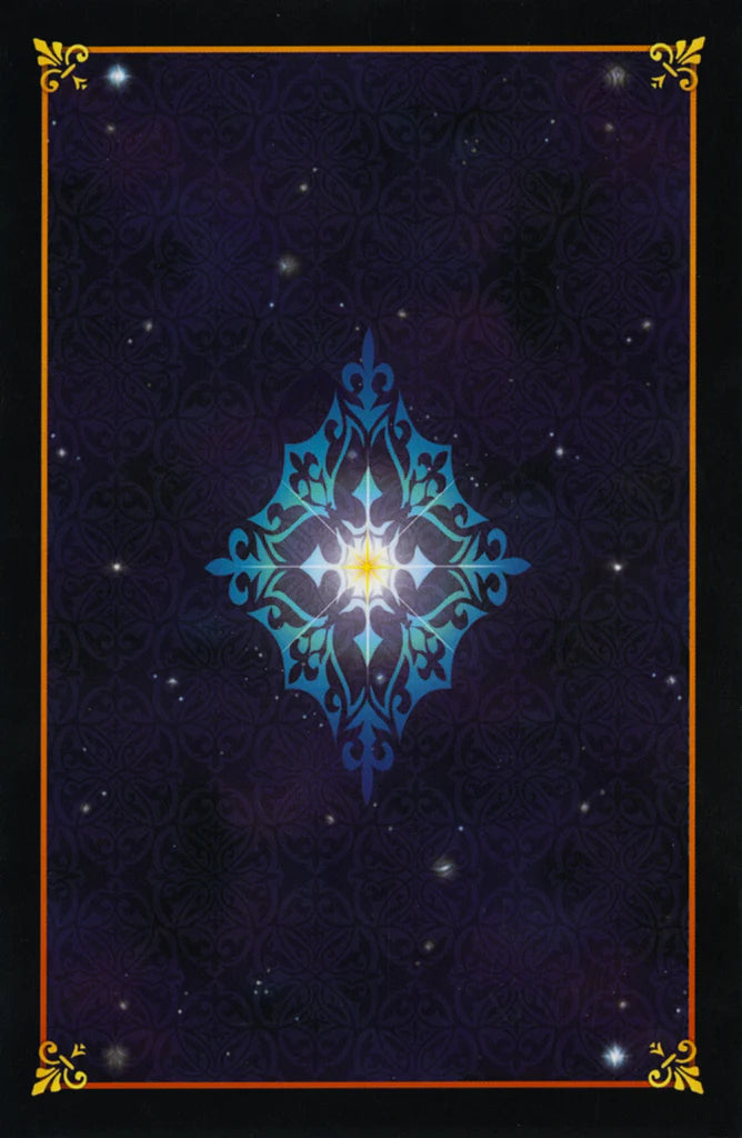 Decorative blue geometric design on a dark background with gold border