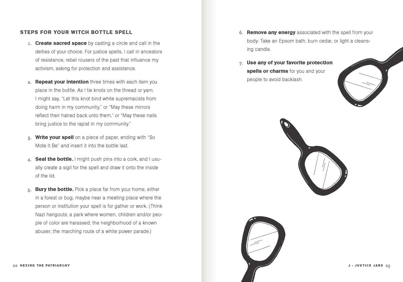 Instructions for a witch bottle spell with black bottles on a white background