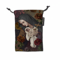 Decorative pouch with a design of a nun holding a cross, surrounded by flowers, on a white background.