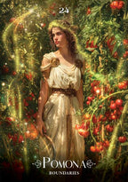 A fantasy-style artwork showing a woman in a classical white dress standing in a lush tomato garden, with glowing golden light effects and the text '24' at the top and 'Pomona Boundaries' at the bottom.