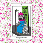 Card featuring the 'King of Wands' from a tarot deck with a colorful polka dot border.