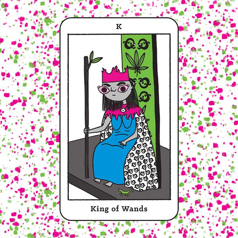 Card featuring the 'King of Wands' from a tarot deck with a colorful polka dot border.