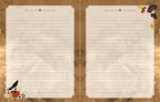 A two-page lined writing pad or notepad with a vintage autumn design. The pages are cream-colored with horizontal lines and decorative corner details, including a black bird on a pumpkin in the bottom-left corner of the left page and butterflies in the top-right corner of the right page.