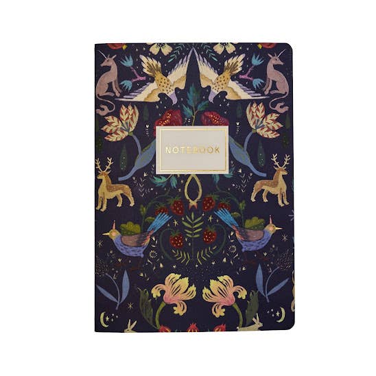 Notebook with a colorful animal and floral pattern on a dark blue background