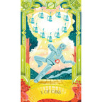 Colorful tarot card featuring a blue figure and cans with a decorative border.