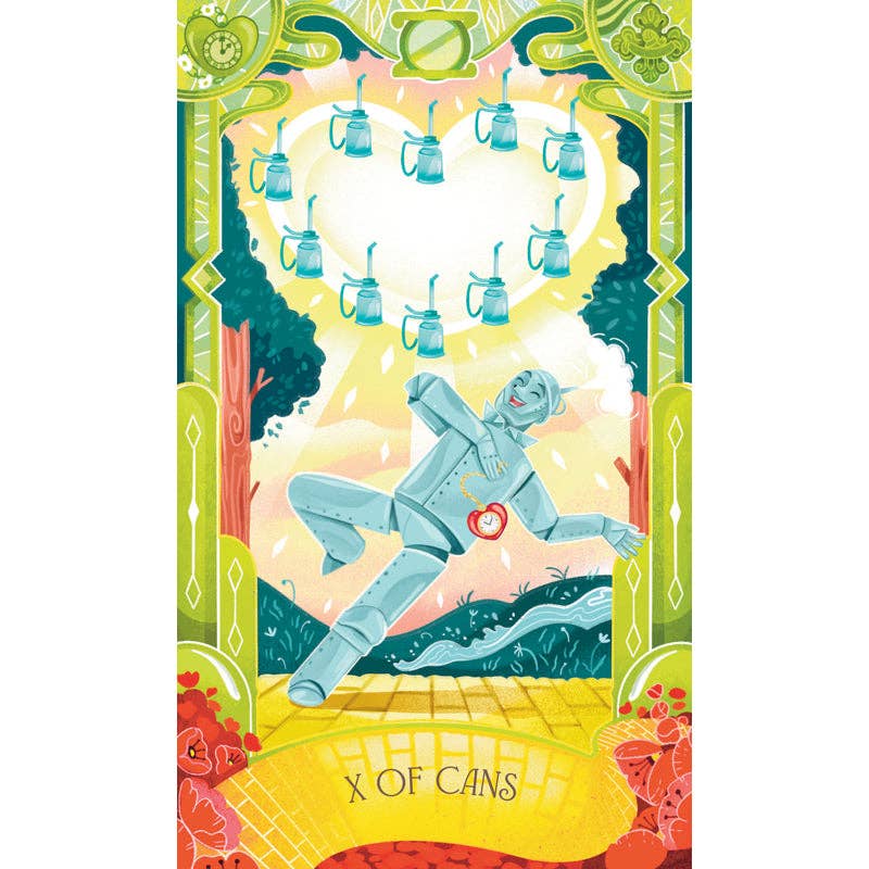 Colorful tarot card featuring a blue figure and cans with a decorative border.