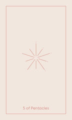 Card with a star symbol and '5 of Pentacles' text on a light pink background