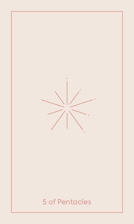 Card with a star symbol and '5 of Pentacles' text on a light pink background
