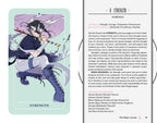 Card featuring a character with black hair and white clothing, sitting on a cloud-like surface, with text and design elements.