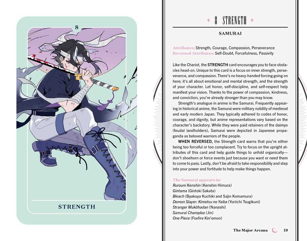 Card featuring a character with black hair and white clothing, sitting on a cloud-like surface, with text and design elements.