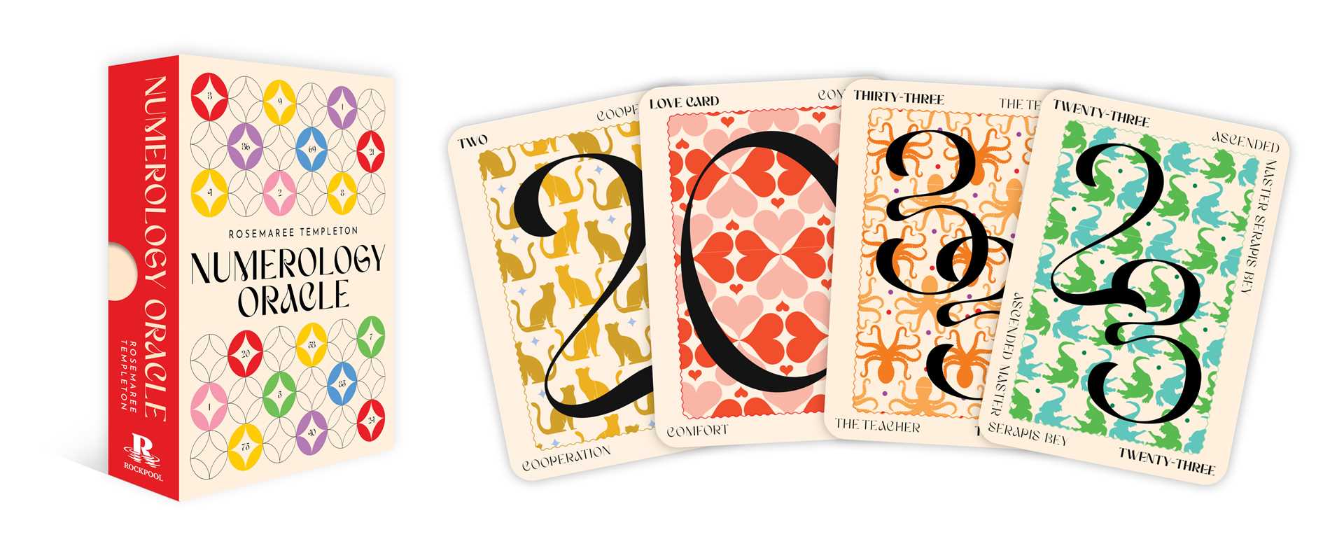 Numerology Oracle card set with colorful design and box on a white background