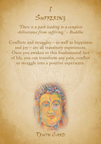 Buddha quote on suffering with a colorful Buddha illustration on a textured background