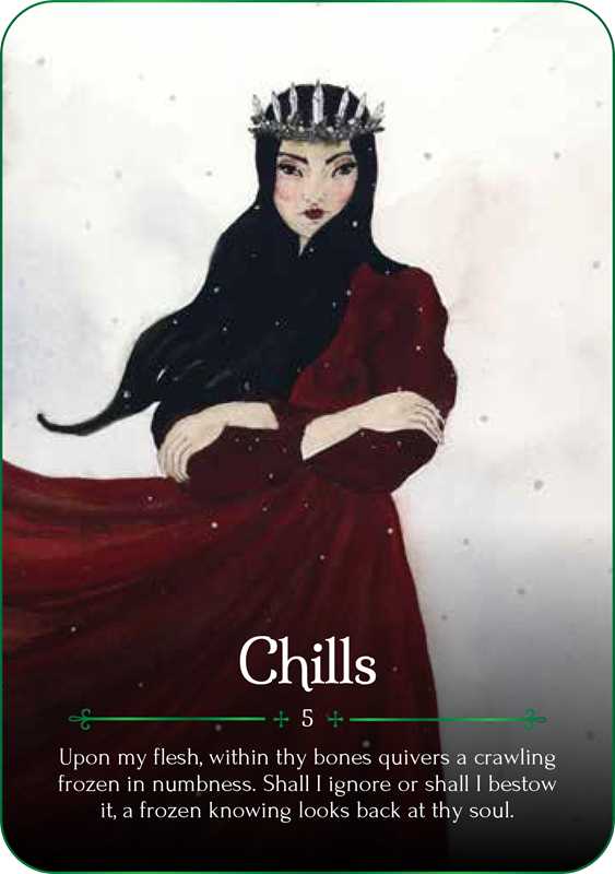 Character in a red dress with a dark hood and crown, labeled 'Chills' on a white background.