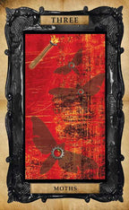 Decorative frame with a red background featuring black moth illustrations and text 'THREE MOths'.