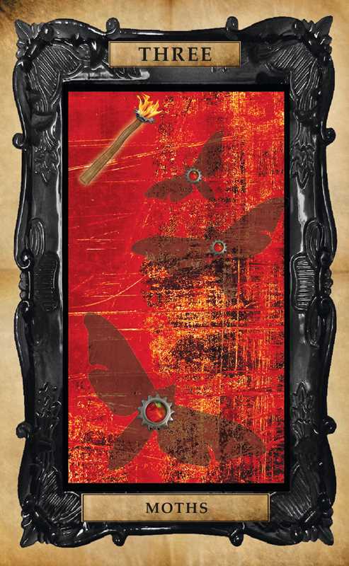 Decorative frame with a red background featuring black moth illustrations and text 'THREE MOths'.