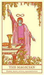 Tarot card featuring 'The Magician' with a person in a pink robe holding a staff, surrounded by decorative elements.
