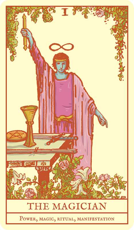 Tarot card featuring 'The Magician' with a person in a pink robe holding a staff, surrounded by decorative elements.