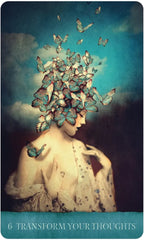 Artistic depiction of a woman with butterflies on her head against a dark background