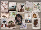 A set of illustrated tarot cards arranged on a wooden surface. The cards feature whimsical animal and nature illustrations, including a cat, birds, flowers, a fox, a tree, and a bear, with titles such as Three of Pentacles, The Chariot, Nine of Wands, Justice, Queen of Cups, Strength, and Death.