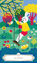 Illustration of a rabbit on a swing in a colorful garden with trees and flowers.
