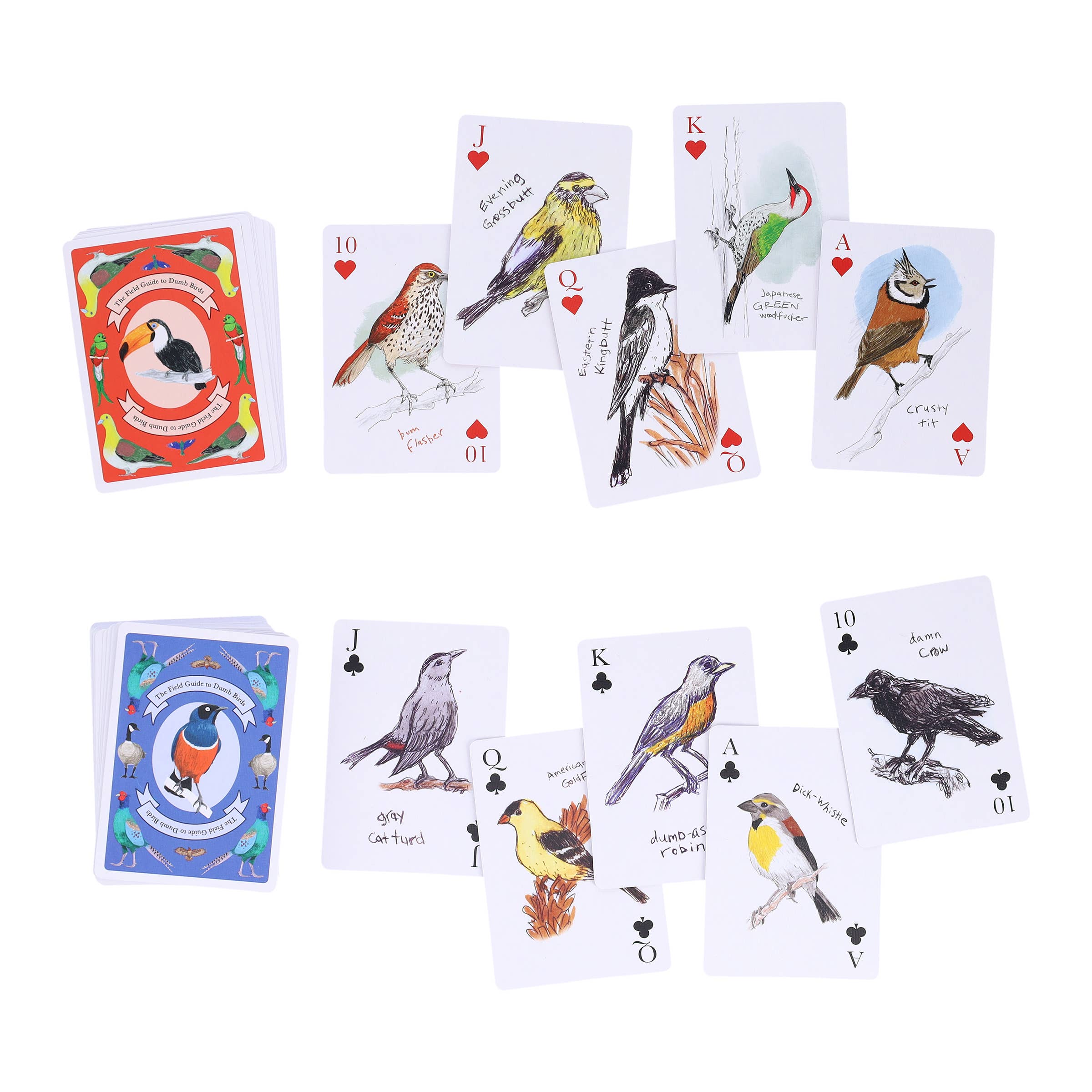 Set of playing cards with bird illustrations on a white background