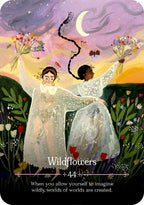 Illustration of two figures holding flowers with a mystical background, featuring the text 'Wildflowers' and a description.