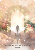 Person with wings standing at a door labeled 'Crossing the Threshold: Initiation' with a celestial background.