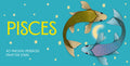 Illustration of two fish representing Pisces on a blue background with stars.
