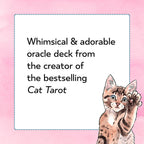 Cat illustration on a pink background with text about an oracle deck.